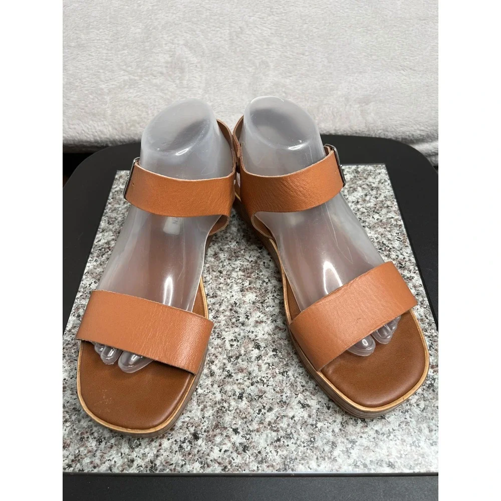 Steve‎ Madden Womens Cognac Brown Leather Platform Wedge Buckle Sandals Size 9